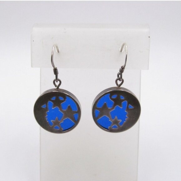 Sterling Silver Celestial Half Moon and Stars Blue Glass Pierced Earrings - Picture 11 of 12